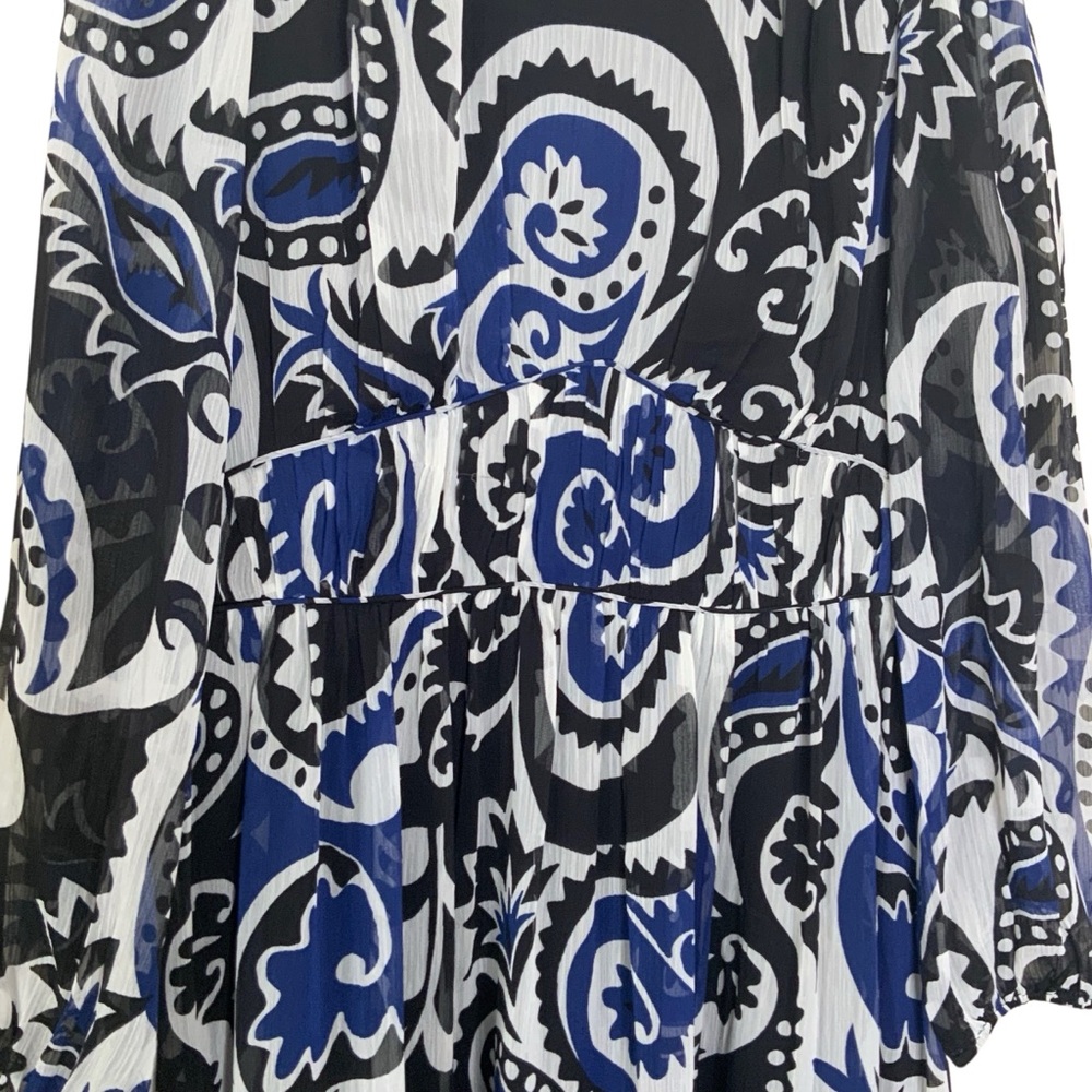 LOFT Blue and Black Paisley Long Sleeve Dress. Sheer sleeves. Size 8 - Picture 4 of 6